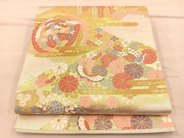 平和屋着物◎六通柄袋帯 唐織 鳳凰花蝶文 金銀糸 正絹 逸品 BAAQ4261du