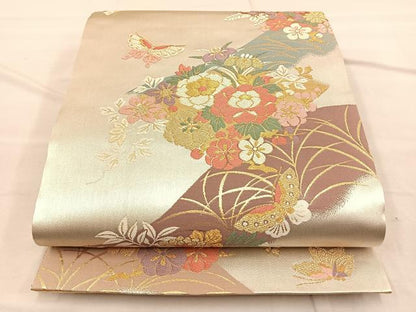 平和屋着物◎佐賀錦 両面 六通柄袋帯 唐織 遠山花蝶文 金糸 正絹 逸品 BAAQ4281du