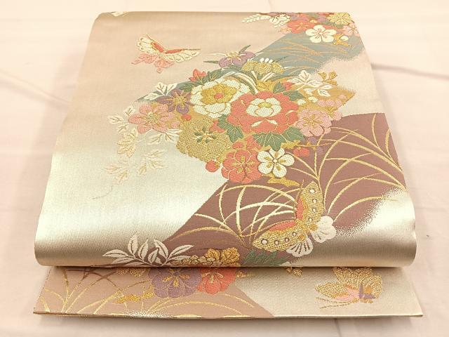 平和屋着物◎佐賀錦 両面 六通柄袋帯 唐織 遠山花蝶文 金糸 正絹 逸品 BAAQ4281du