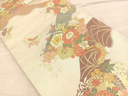平和屋着物◎佐賀錦 両面 六通柄袋帯 唐織 遠山花蝶文 金糸 正絹 逸品 BAAQ4281du