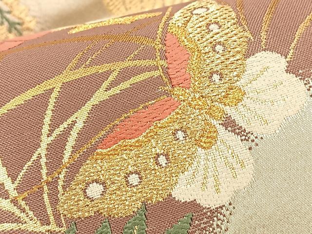 平和屋着物◎佐賀錦 両面 六通柄袋帯 唐織 遠山花蝶文 金糸 正絹 逸品 BAAQ4281du