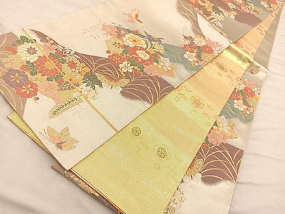 平和屋着物◎佐賀錦 両面 六通柄袋帯 唐織 遠山花蝶文 金糸 正絹 逸品 BAAQ4281du