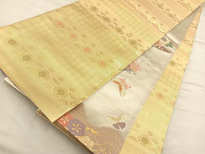 平和屋着物◎佐賀錦 両面 六通柄袋帯 唐織 遠山花蝶文 金糸 正絹 逸品 BAAQ4281du