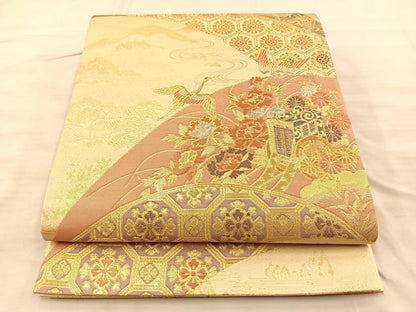 平和屋着物◎六通柄袋帯 飛鶴御所車花文 金銀糸 正絹 逸品 BAAQ4323du