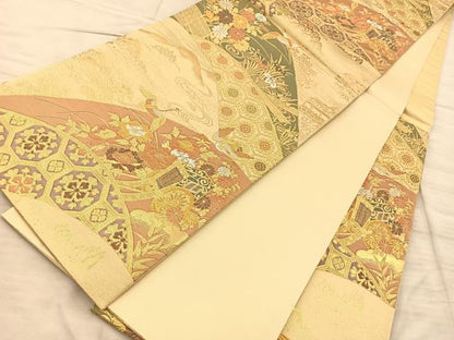 平和屋着物◎六通柄袋帯 飛鶴御所車花文 金銀糸 正絹 逸品 BAAQ4323du