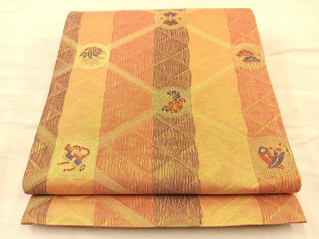 平和屋着物◎六通柄袋帯 ベール織 彩金銀箔 宝尽くし花丸文 金糸 正絹 逸品 BAAQ4331du