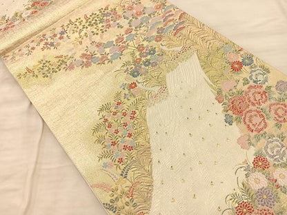 平和屋着物◎六通柄袋帯 孔雀草花文 金銀糸 正絹 逸品 BAAQ4334du