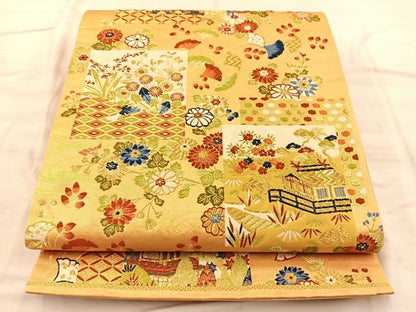 平和屋着物◎六通柄袋帯 唐織 風景文 金糸 正絹 逸品 BAAQ4337du
