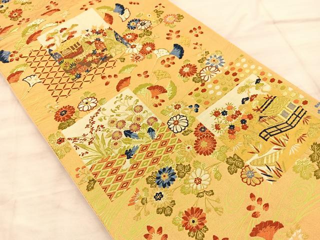 平和屋着物◎六通柄袋帯 唐織 風景文 金糸 正絹 逸品 BAAQ4337du