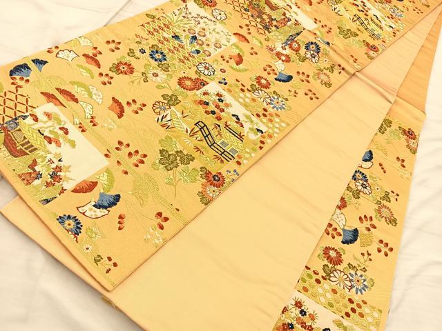 平和屋着物◎六通柄袋帯 唐織 風景文 金糸 正絹 逸品 BAAQ4337du