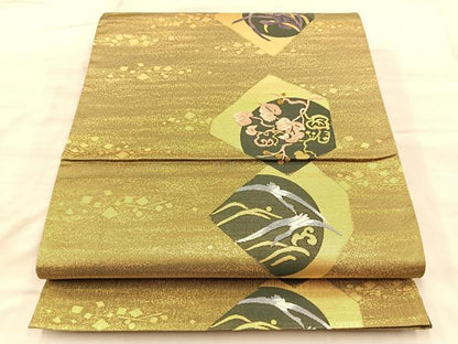 平和屋着物◎六通柄袋帯 唐織 花鳥丸文 金糸 正絹 逸品 BAAQ4338du