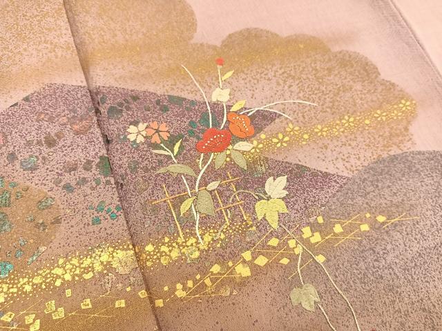 平和屋着物■訪問着　刺繍　杢目絞り　重ね山格子花文　暈し染め　金彩　正絹　逸品　BAAQ5178gt