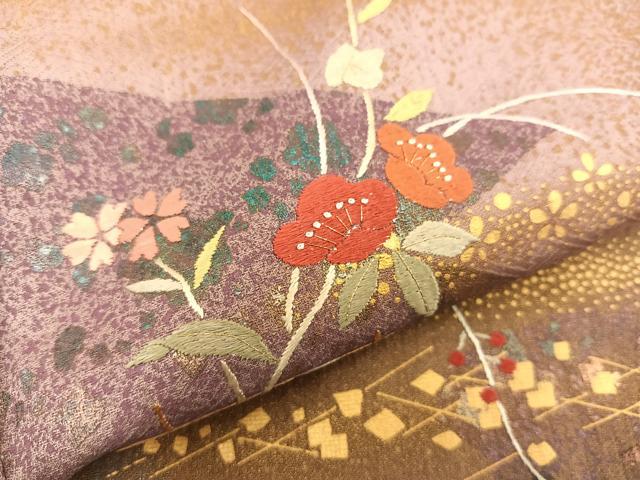 平和屋着物■訪問着　刺繍　杢目絞り　重ね山格子花文　暈し染め　金彩　正絹　逸品　BAAQ5178gt
