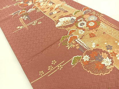 平和屋着物◎六通柄袋帯 唐織 雪輪花蝶文 金糸 正絹 逸品 BAAQ5814ea