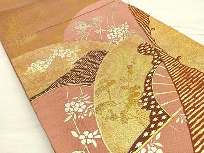 平和屋着物◎太鼓柄袋帯 駒刺繍 雪輪地紙花文 金銀彩 正絹 逸品 BAAQ5882ea