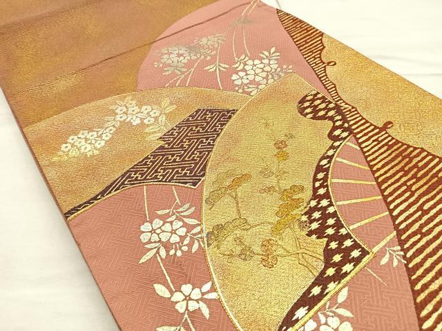 平和屋着物◎太鼓柄袋帯 駒刺繍 雪輪地紙花文 金銀彩 正絹 逸品 BAAQ5882ea