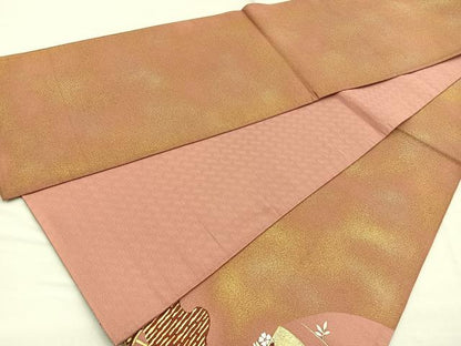 平和屋着物◎太鼓柄袋帯 駒刺繍 雪輪地紙花文 金銀彩 正絹 逸品 BAAQ5882ea