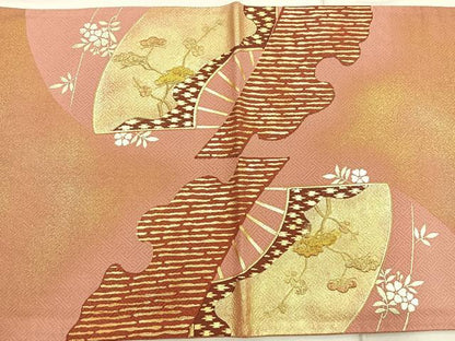 平和屋着物◎太鼓柄袋帯 駒刺繍 雪輪地紙花文 金銀彩 正絹 逸品 BAAQ5882ea