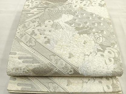 平和屋着物◎六通柄袋帯 唐織 孔雀地紙花文 銀糸 正絹 逸品 BAAQ5922ea