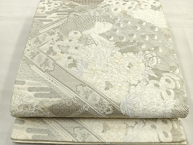 平和屋着物◎六通柄袋帯 唐織 孔雀地紙花文 銀糸 正絹 逸品 BAAQ5922ea