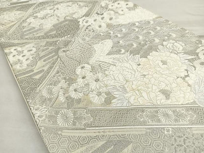 平和屋着物◎六通柄袋帯 唐織 孔雀地紙花文 銀糸 正絹 逸品 BAAQ5922ea