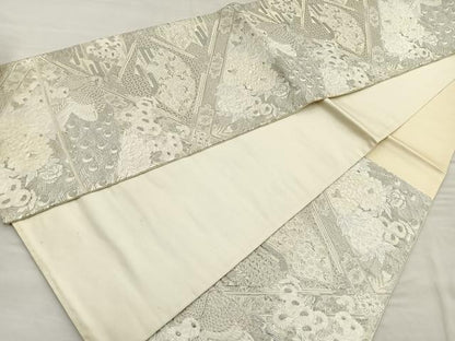 平和屋着物◎六通柄袋帯 唐織 孔雀地紙花文 銀糸 正絹 逸品 BAAQ5922ea