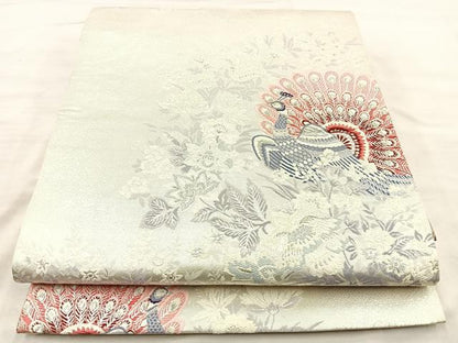 平和屋着物◎六通柄袋帯 唐織 孔雀花丸文 銀糸 正絹 逸品 BAAQ6286if