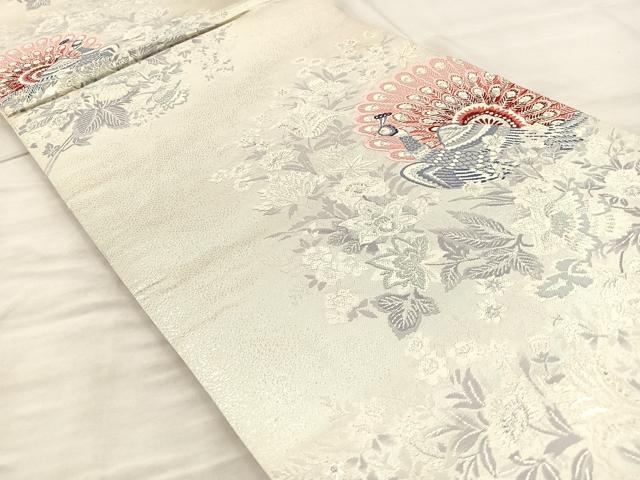平和屋着物◎六通柄袋帯 唐織 孔雀花丸文 銀糸 正絹 逸品 BAAQ6286if