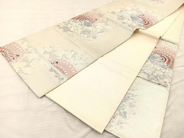 平和屋着物◎六通柄袋帯 唐織 孔雀花丸文 銀糸 正絹 逸品 BAAQ6286if