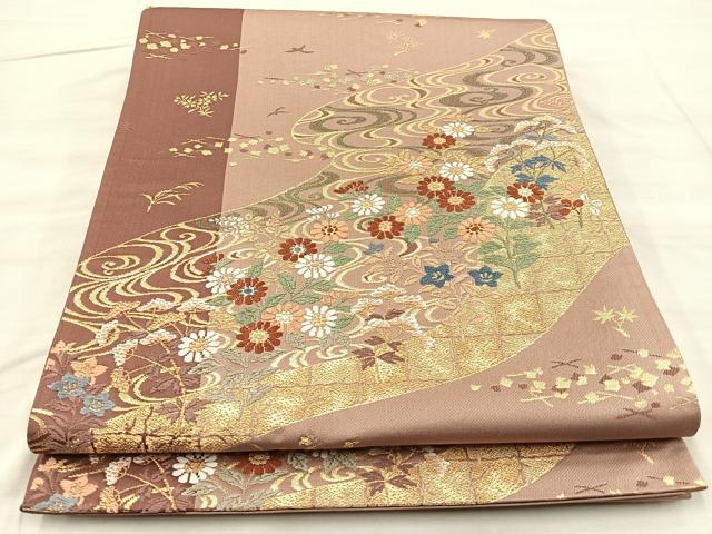 平和屋着物◎六通柄袋帯　唐織　流水花文　金糸　正絹　逸品　BAAQ6345if