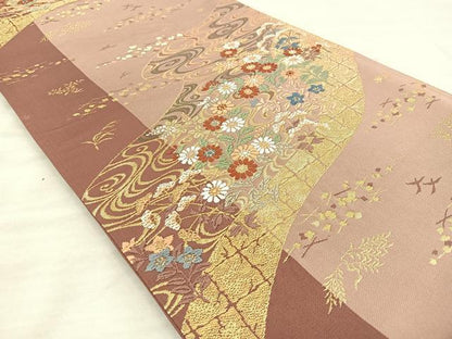 平和屋着物◎六通柄袋帯　唐織　流水花文　金糸　正絹　逸品　BAAQ6345if