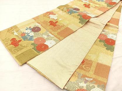 平和屋着物◎佐賀錦 六通柄袋帯 唐織 違い棚花文 金糸 正絹 逸品 BAAQ6349if