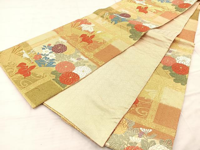 平和屋着物◎佐賀錦 六通柄袋帯 唐織 違い棚花文 金糸 正絹 逸品 BAAQ6349if
