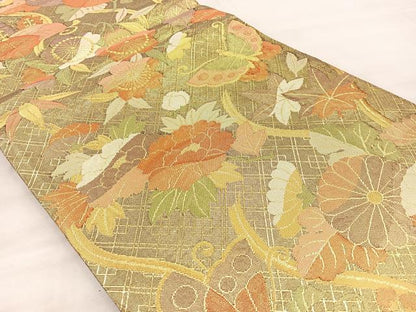 平和屋着物◎佐賀錦 六通柄袋帯 ふくれ織 花蝶文 金糸 正絹 逸品 BAAQ6361if