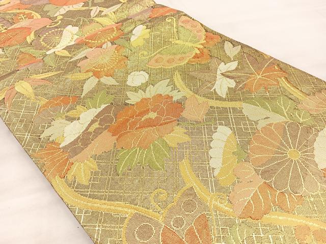平和屋着物◎佐賀錦 六通柄袋帯 ふくれ織 花蝶文 金糸 正絹 逸品 BAAQ6361if