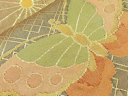 平和屋着物◎佐賀錦 六通柄袋帯 ふくれ織 花蝶文 金糸 正絹 逸品 BAAQ6361if