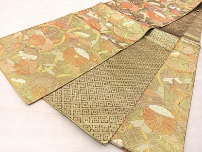 平和屋着物◎佐賀錦 六通柄袋帯 ふくれ織 花蝶文 金糸 正絹 逸品 BAAQ6361if