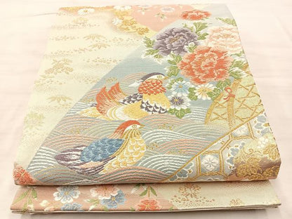 平和屋着物◎六通柄袋帯　唐織　鴛鴦花文　金糸　正絹　逸品　BAAQ6392if