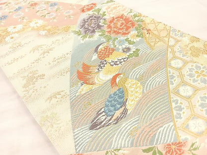 平和屋着物◎六通柄袋帯　唐織　鴛鴦花文　金糸　正絹　逸品　BAAQ6392if