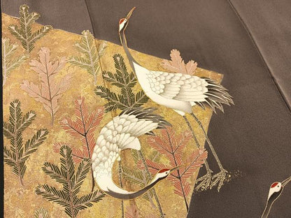 平和屋着物■豪華色留袖　駒刺繍　群鶴若松葉文　金彩　正絹　逸品　BAAQ7379hv