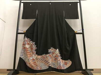 平和屋着物■豪華黒留袖　駒刺繍　渡橋飛鶴花文　金彩　正絹　逸品　BAAQ7450ev