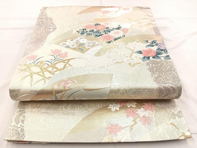 平和屋着物◎六通柄袋帯 唐織 琳派扇面花文 金銀糸 正絹 逸品 BAAQ9417cm