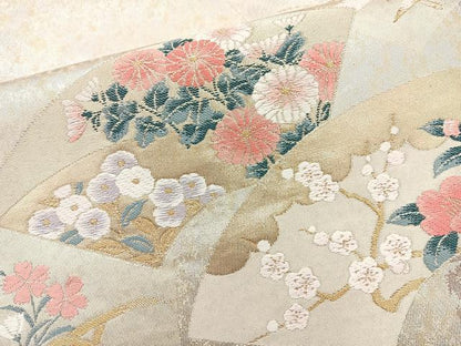 平和屋着物◎六通柄袋帯 唐織 琳派扇面花文 金銀糸 正絹 逸品 BAAQ9417cm