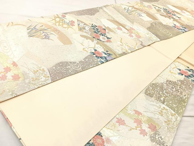 平和屋着物◎六通柄袋帯 唐織 琳派扇面花文 金銀糸 正絹 逸品 BAAQ9417cm