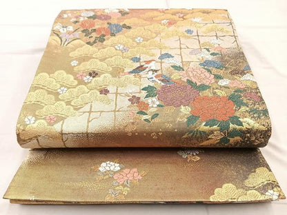 平和屋着物◎六通柄袋帯　唐織　松山花鳥紋　金糸　正絹　逸品　BAAQ9441cm