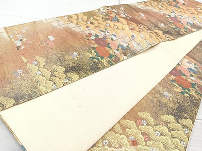 平和屋着物◎六通柄袋帯　唐織　松山花鳥紋　金糸　正絹　逸品　BAAQ9441cm