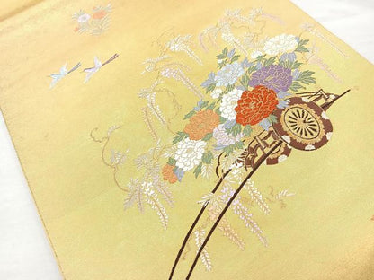平和屋着物◎六通太鼓柄袋帯 花車文 金糸 引箔 正絹 逸品 BAAQ9456cm