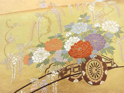 平和屋着物◎六通太鼓柄袋帯 花車文 金糸 引箔 正絹 逸品 BAAQ9456cm