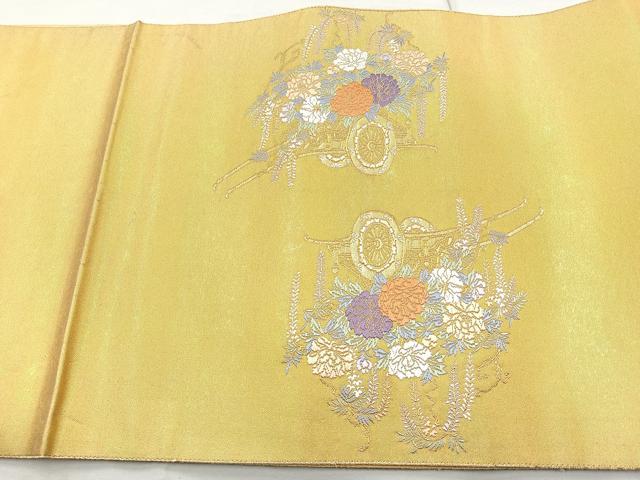 平和屋着物◎六通太鼓柄袋帯 花車文 金糸 引箔 正絹 逸品 BAAQ9456cm