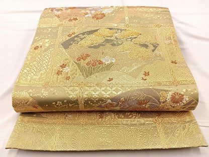平和屋着物◎六通柄袋帯 飾棚扇花文 金糸 正絹 逸品 BAAQ9473cm